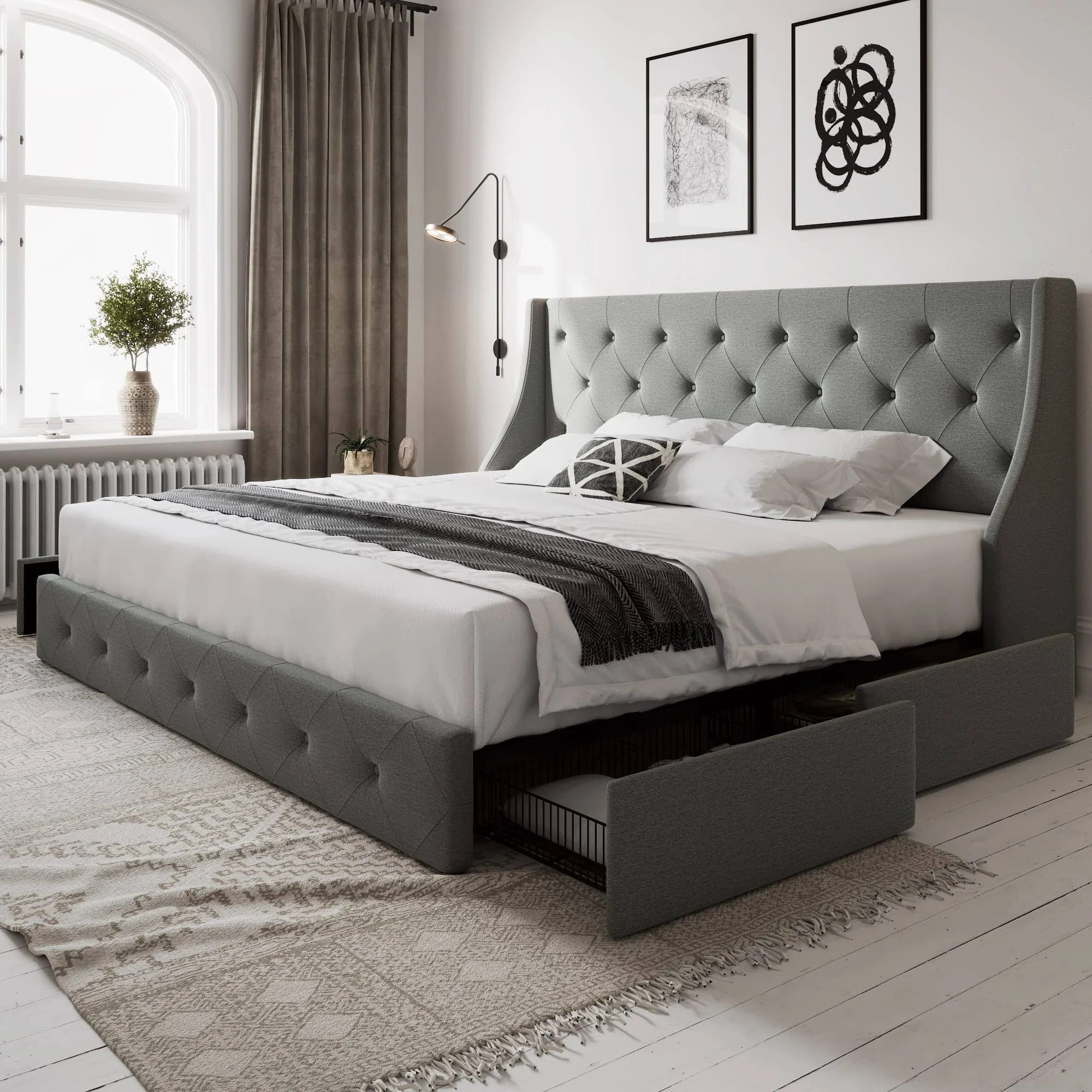 Luxury King Bed Frame with 4 Storage Drawers and Wingback Headboard | Image