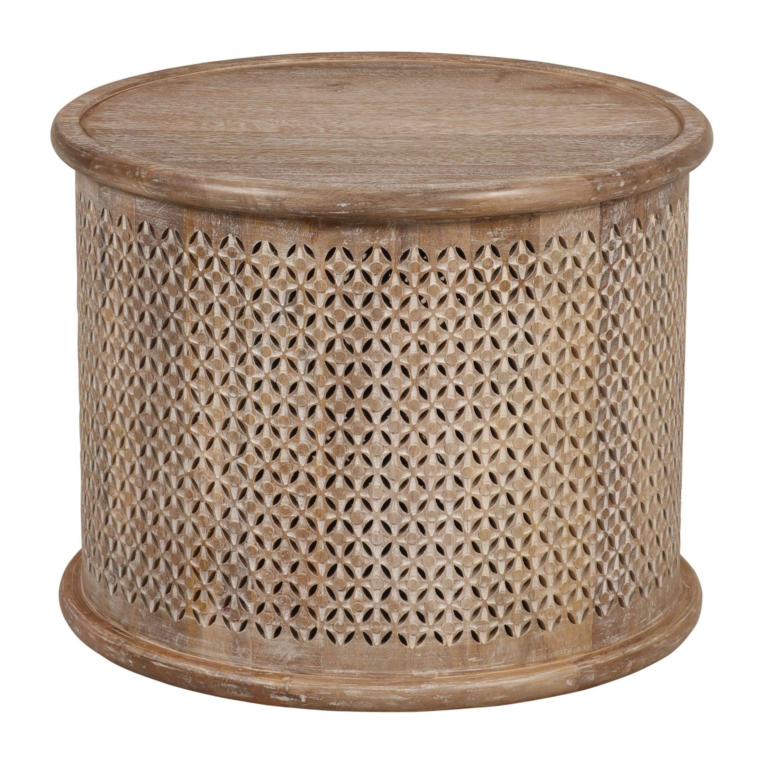 Exotic Mango Wood Drum Coffee Table with Diamond Motif | Image