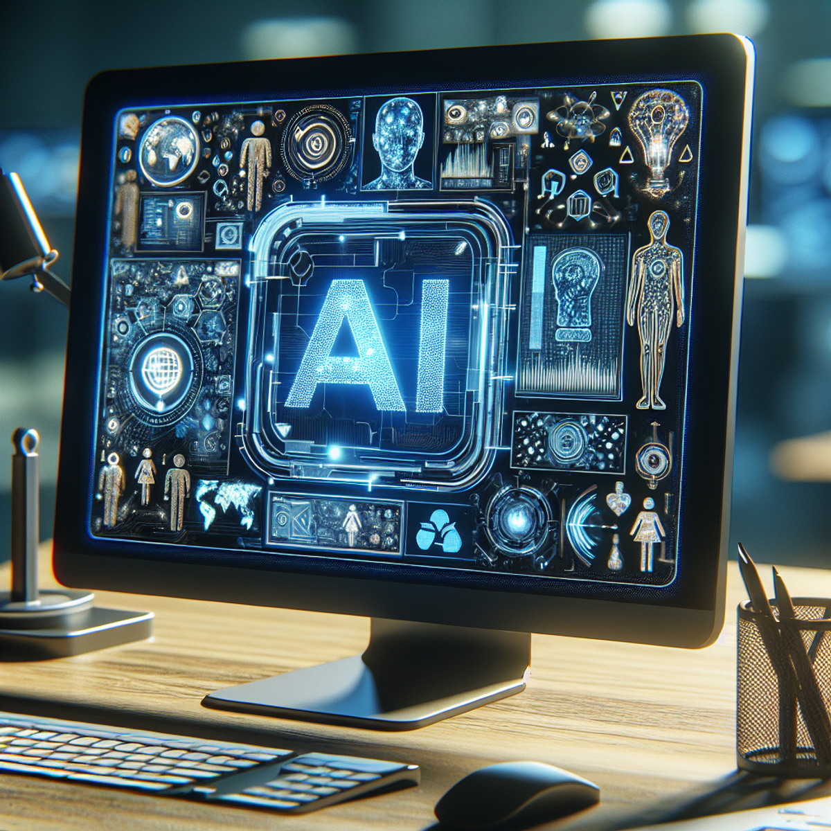 A computer screen displaying AI-generated content with various symbols, people, and objects representing the advances and capabilities of Artificial Intelligence in a futuristic setting.