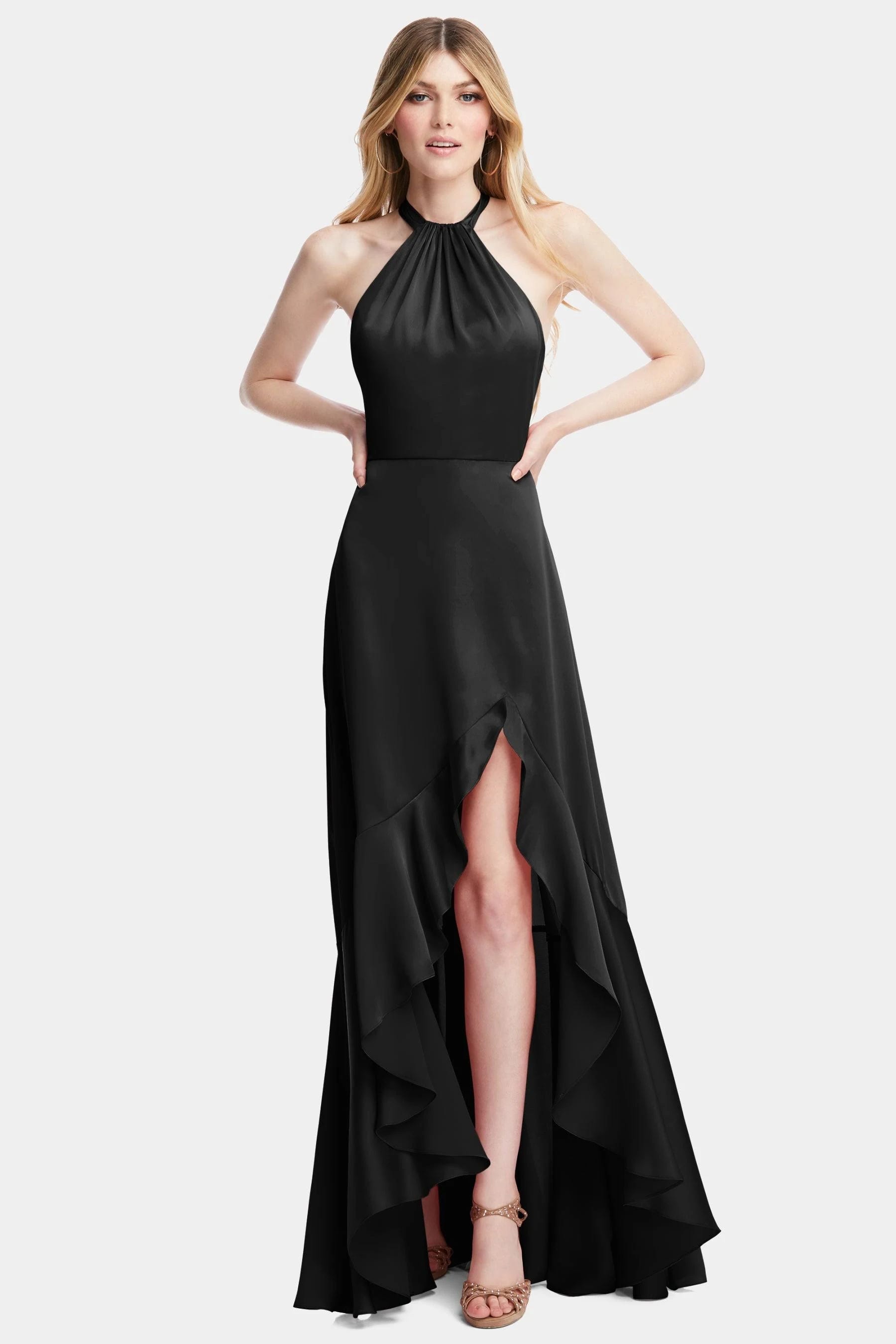 Elegant Whisper Satin Maxi Bridesmaid Dress with High-Slit Asymmetric Hem | Image