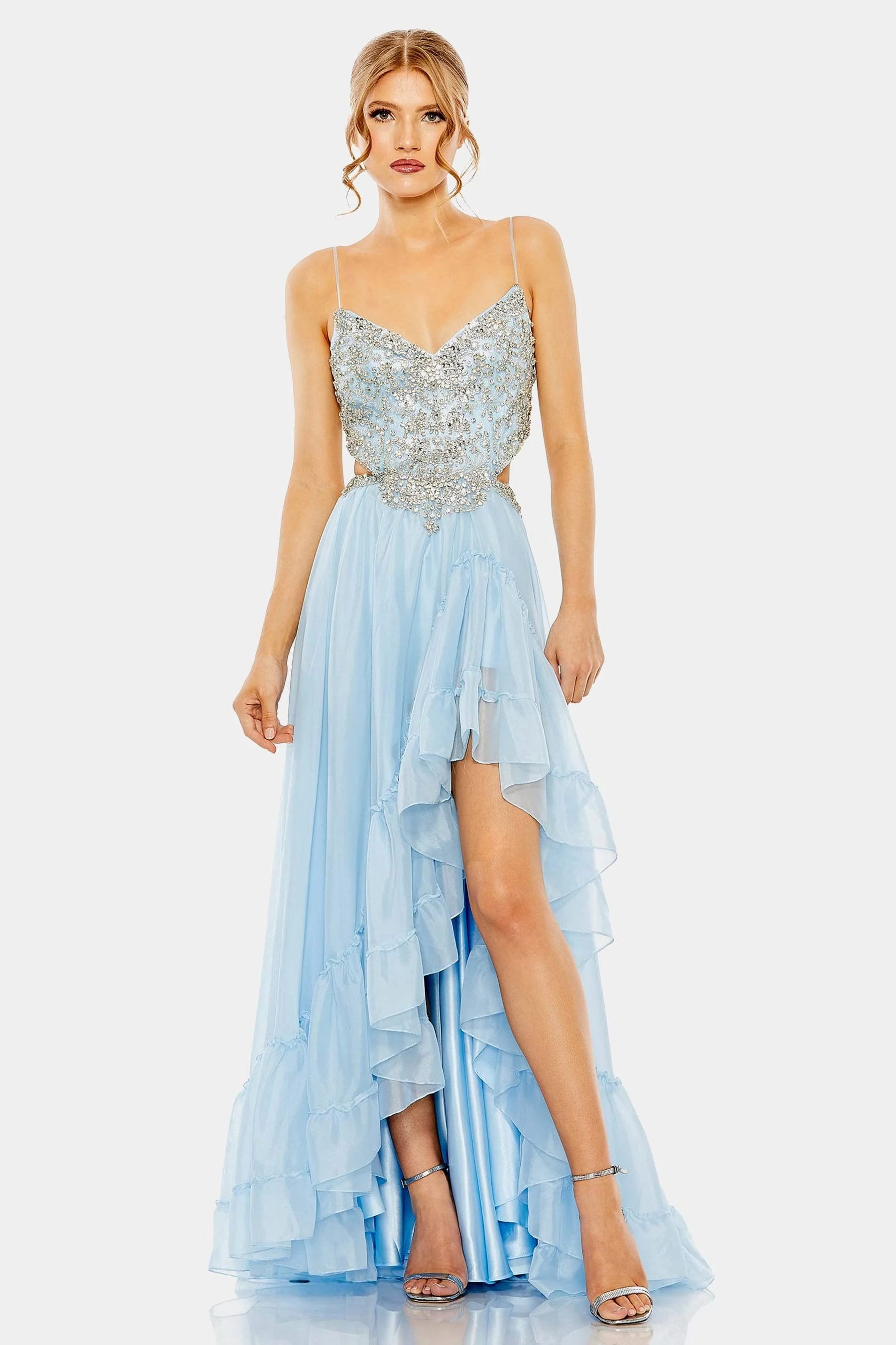 Elegant Powder Blue Cocktail Dress with Embellished Open Back | Image