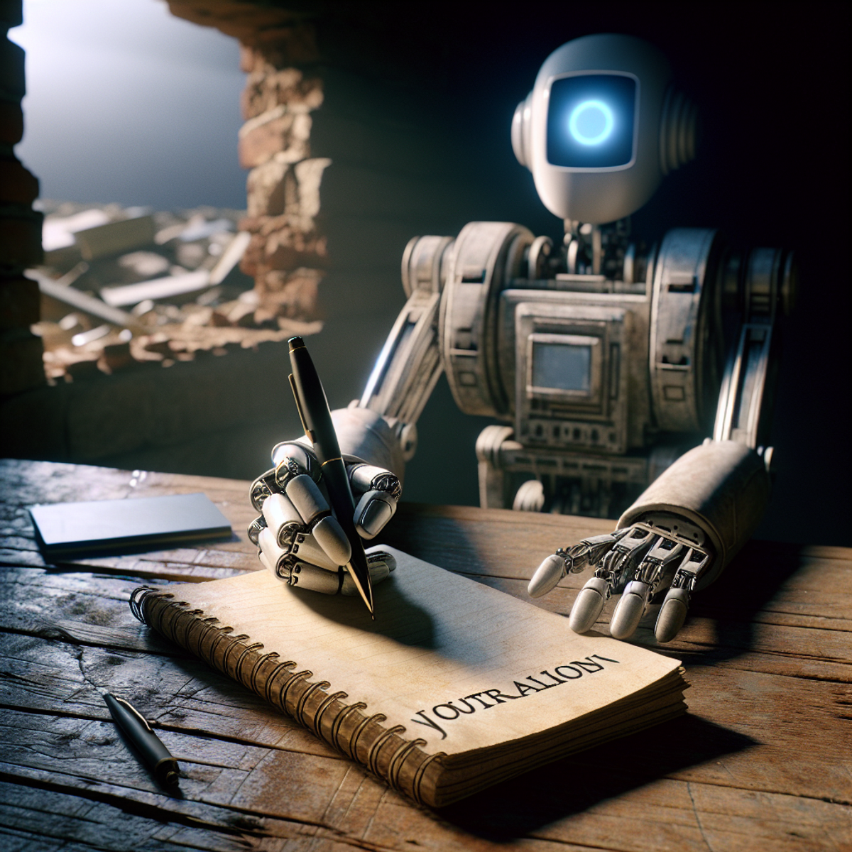 A realistic illustration of a journalist's desk with a notepad and pen, accompanied by a futuristic AI robot providing assistance. In the background, hints of a war journalism setting are suggested without showcasing violence.