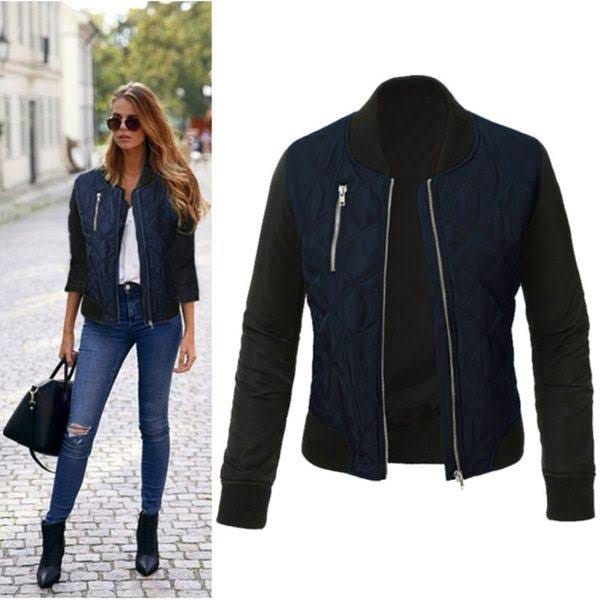 Chic Blue Quilted Satin Bomber Jacket - Winter Season | Image