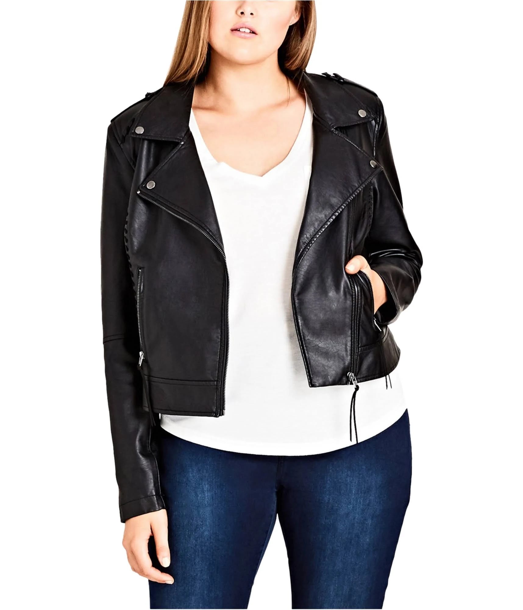 City Chic's Plus Size Biker Jacket: Sleek Style with Faux Leather Detail | Image