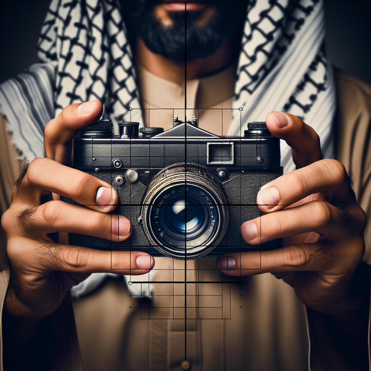 A man's hands holding a vintage camera with a rule of thirds grid overlay.