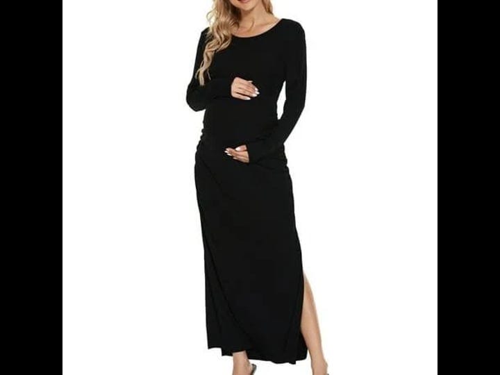 smallshow-womens-maternity-dress-long-sleeve-split-ruched-pregnancy-clothes-size-medium-black-1