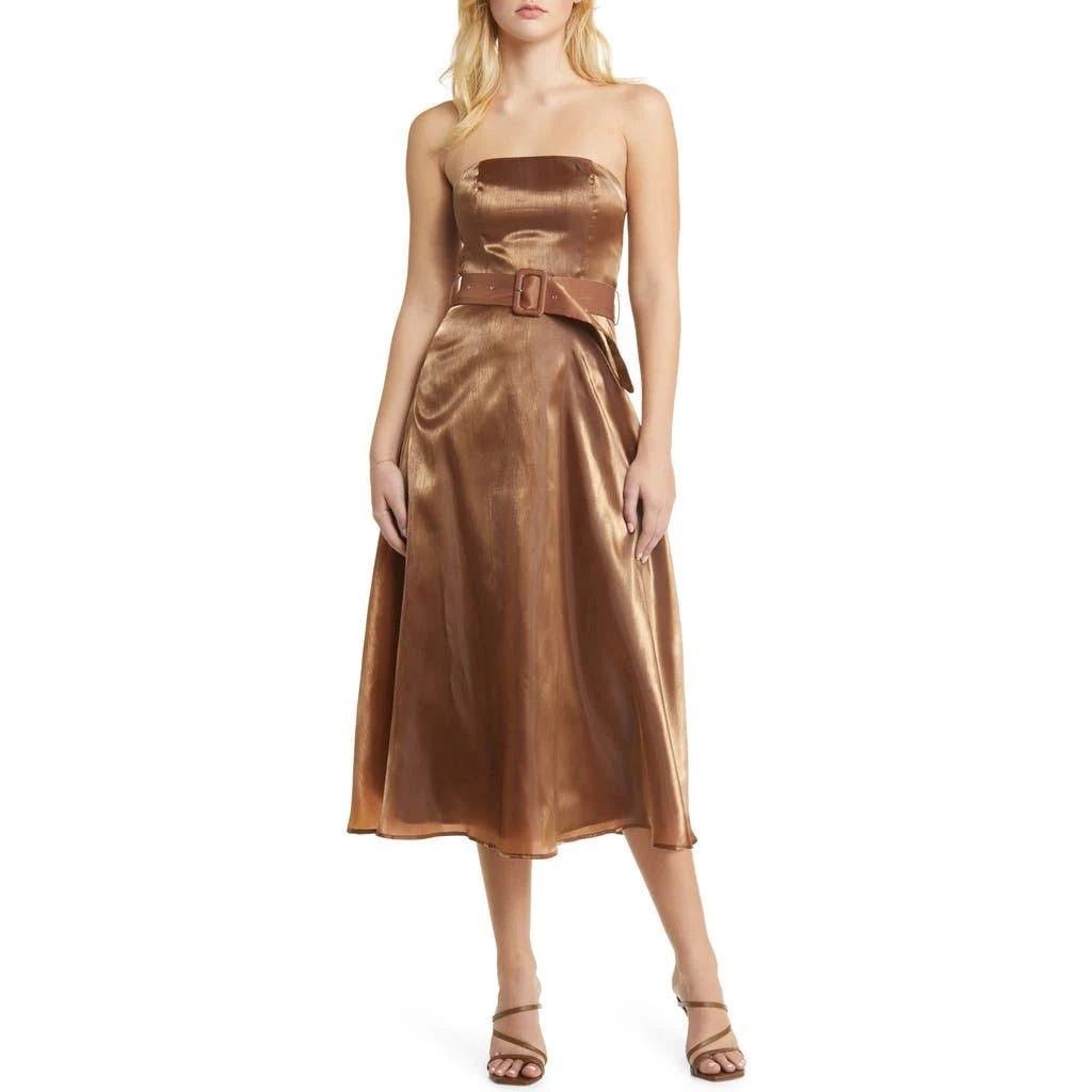 Strapless Shimmer Rust Cocktail Midi Dress by Lulus | Image