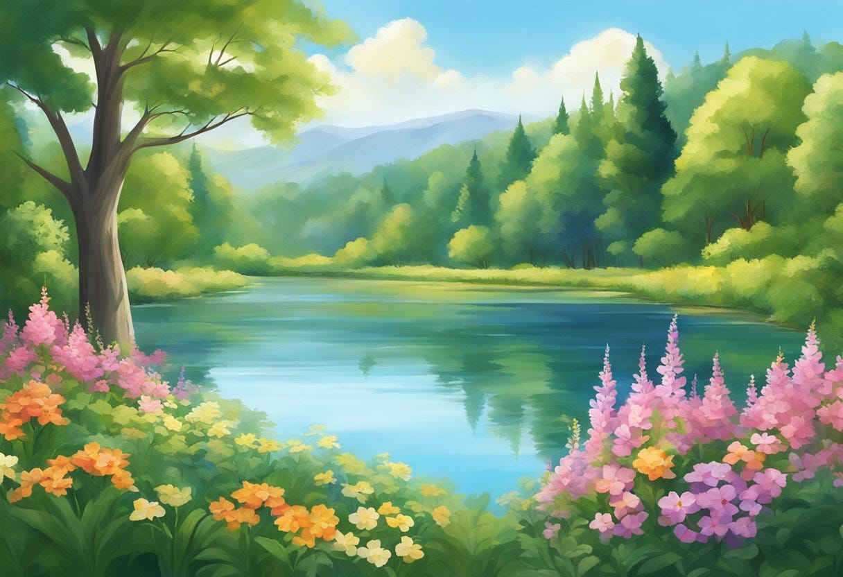 A serene landscape with a peaceful lake, surrounded by lush greenery and colorful flowers, under a clear blue sky
