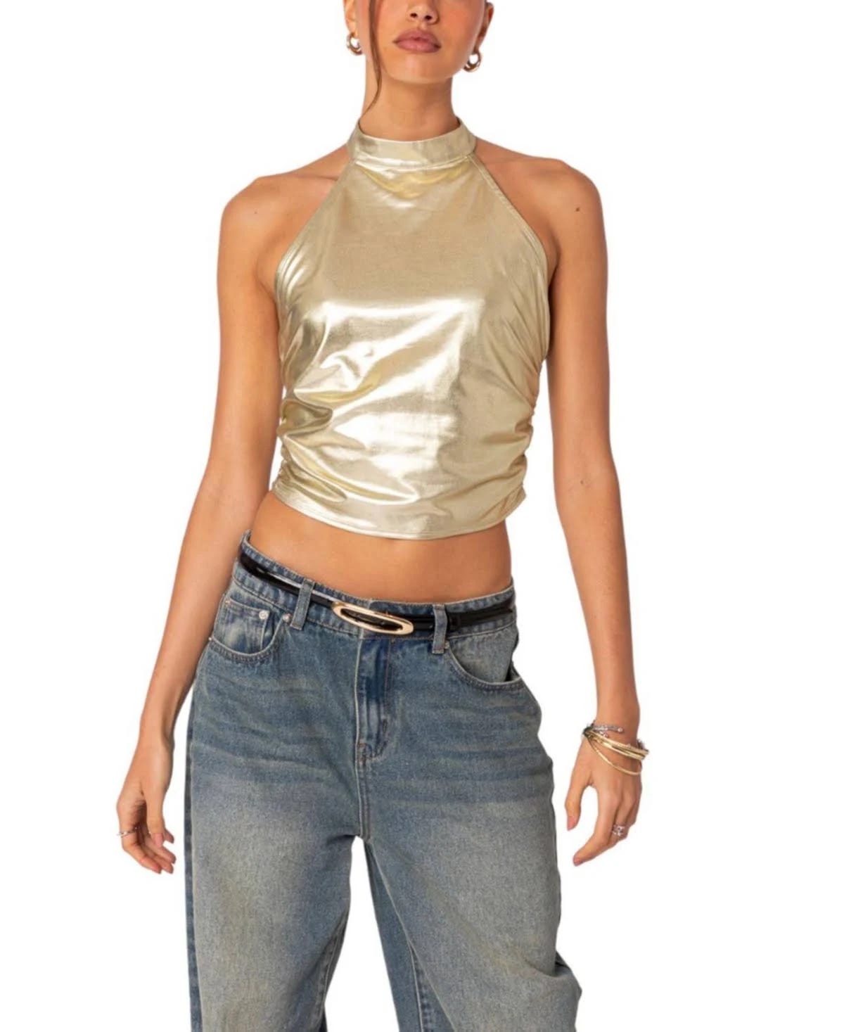 Sleek Gold Metallic Crop Top for Stylish Nights Out | Image