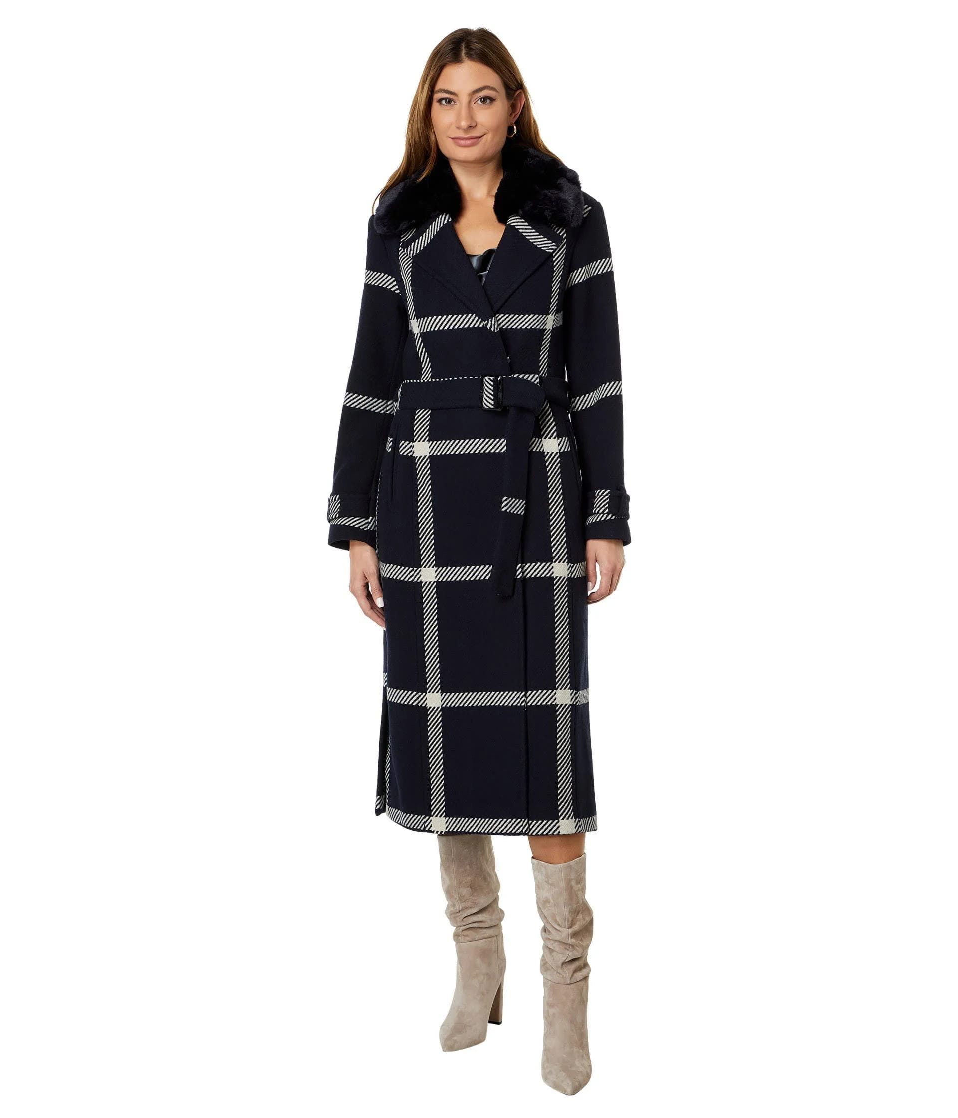 Vince Camuto Plaid Wool Coat: Warm Winter Style with Faux Fur Collar and Tailored Fit | Image