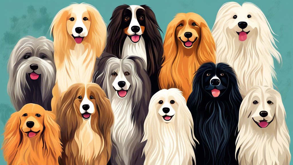 Create an image of a diverse group of medium-sized long-haired dog breeds standing together, showcasing their unique characteristics and coat textures. The dogs should be displayed in a natural setting to emphasize their beauty and playfulness.