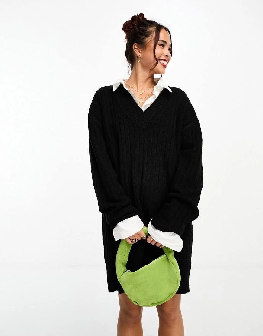 Woolly Drop-Shoulder Sweater Mini Dress with V-Neck in Black | Image
