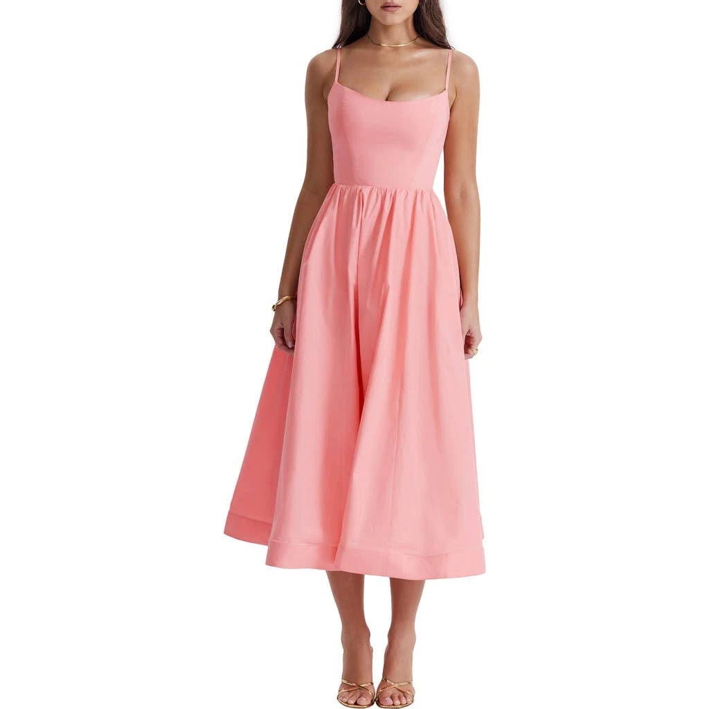 Breathtaking Peach Midi Dress with Corset Detail | Image