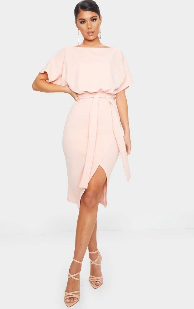 Stylish Pink Midi Wrap Dress for Summer Weddings | Image