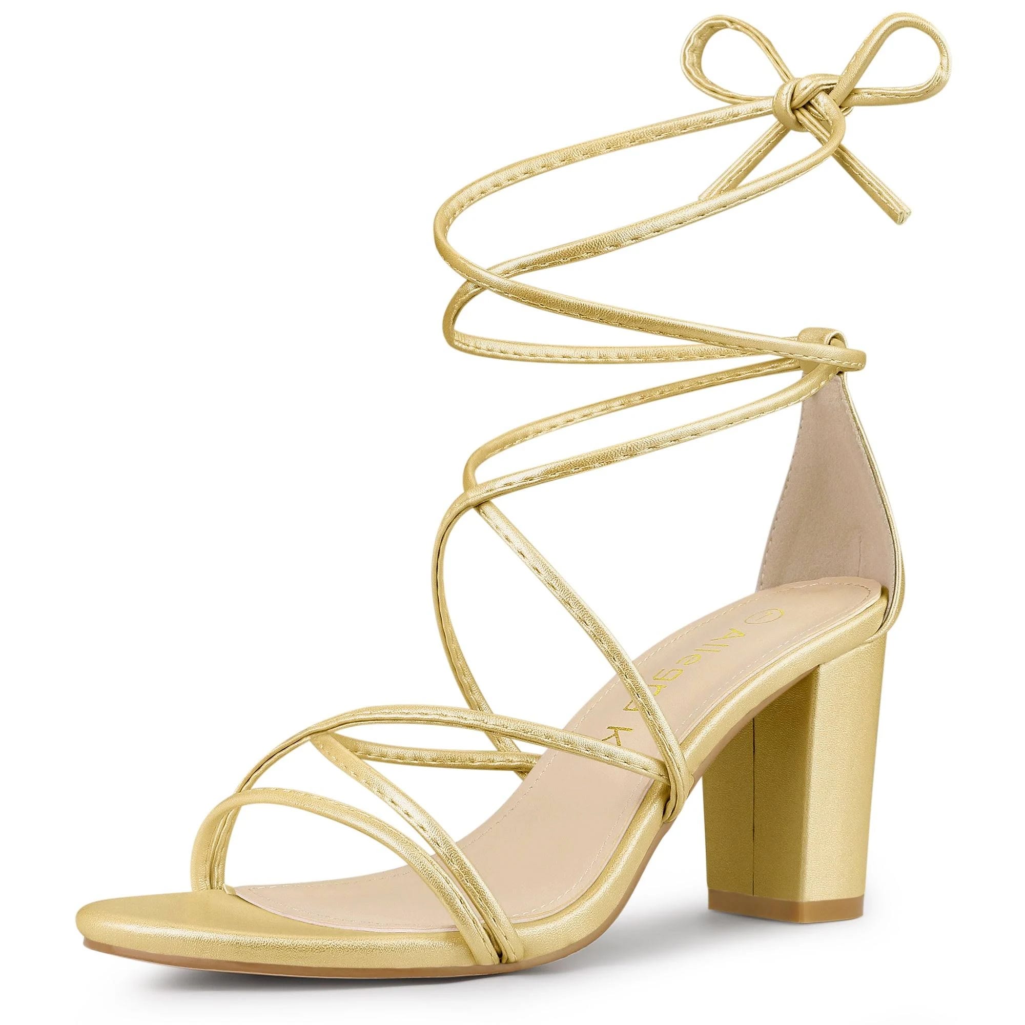 Golden Chunky Strappy Heels with PU Vamp | Image
