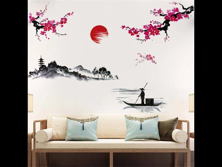 2-sheets-japanese-style-splash-ink-landscape-painting-wall-sticker-red-cherry-blossom-wall-decals-re-1