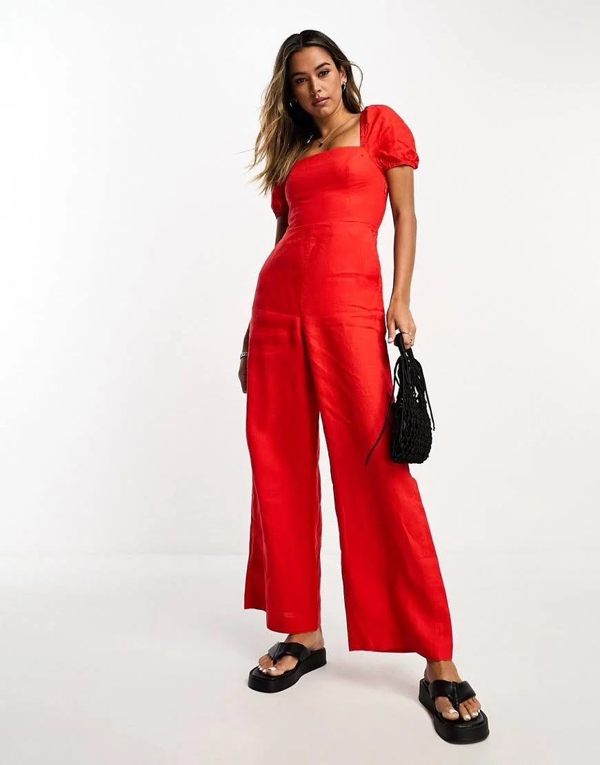 Linens & Other Stories Red Jumpsuit with Puff Sleeve | Image
