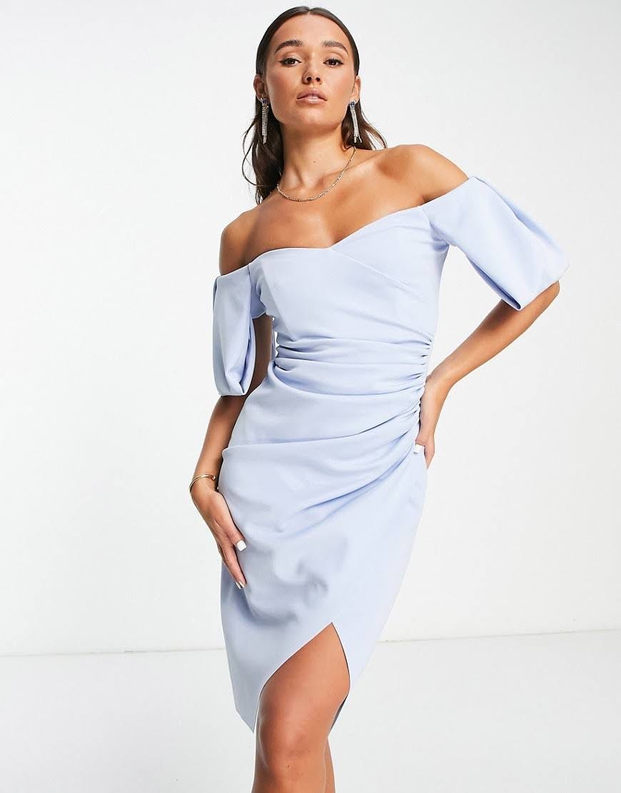 Sweetheart Neck Wrap Tuck Off Shoulder Bardot Midi Dress in Sky Blue | Image