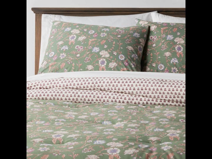 3pc-full-queen-boho-reversible-printed-comforter-sham-set-green-floral-threshold-1