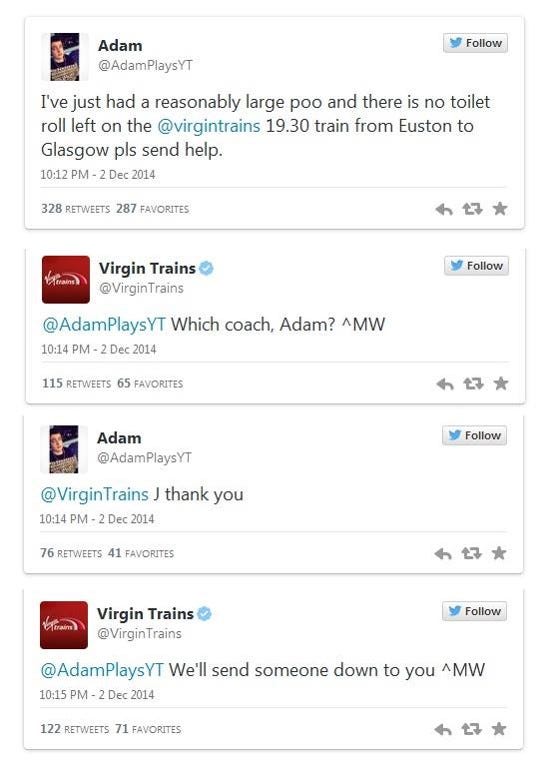 Examples of customer service via Twitter from Virgin Trains