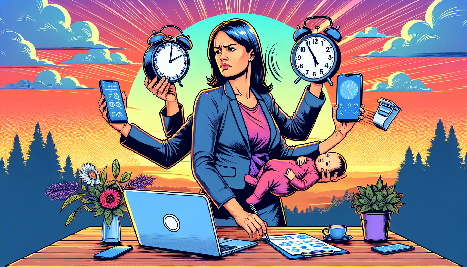 A stressed office worker juggling a clock, laptop, phone, and baby with a serene sunset background.