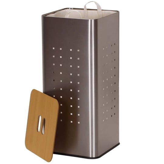 household-essentials-square-stainless-steel-laundry-hamper-with-wooden-lid-1