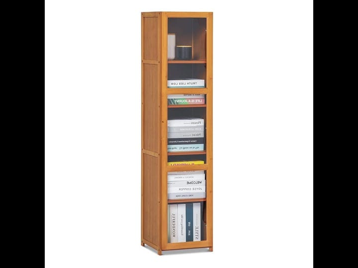 monibloom-narrow-bookcase-with-acrylic-doors-bamboo-5-tier-free-standing-slim-bookshelf-display-stor-1