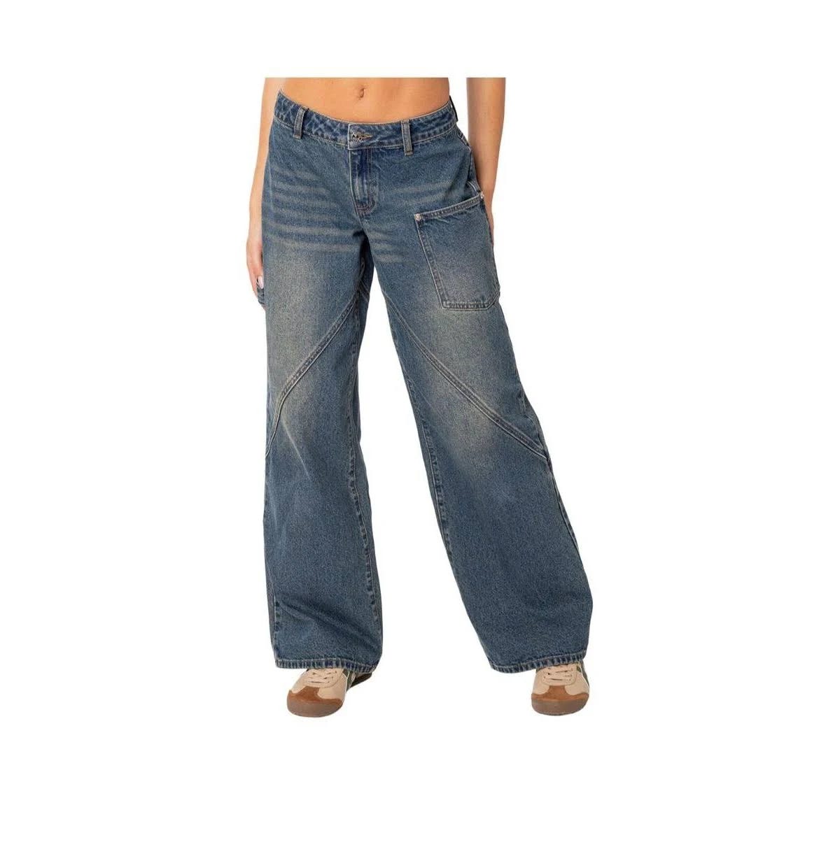 Edikted Serena Low Rise Wide Leg Carpenter Jeans in Blue | Image