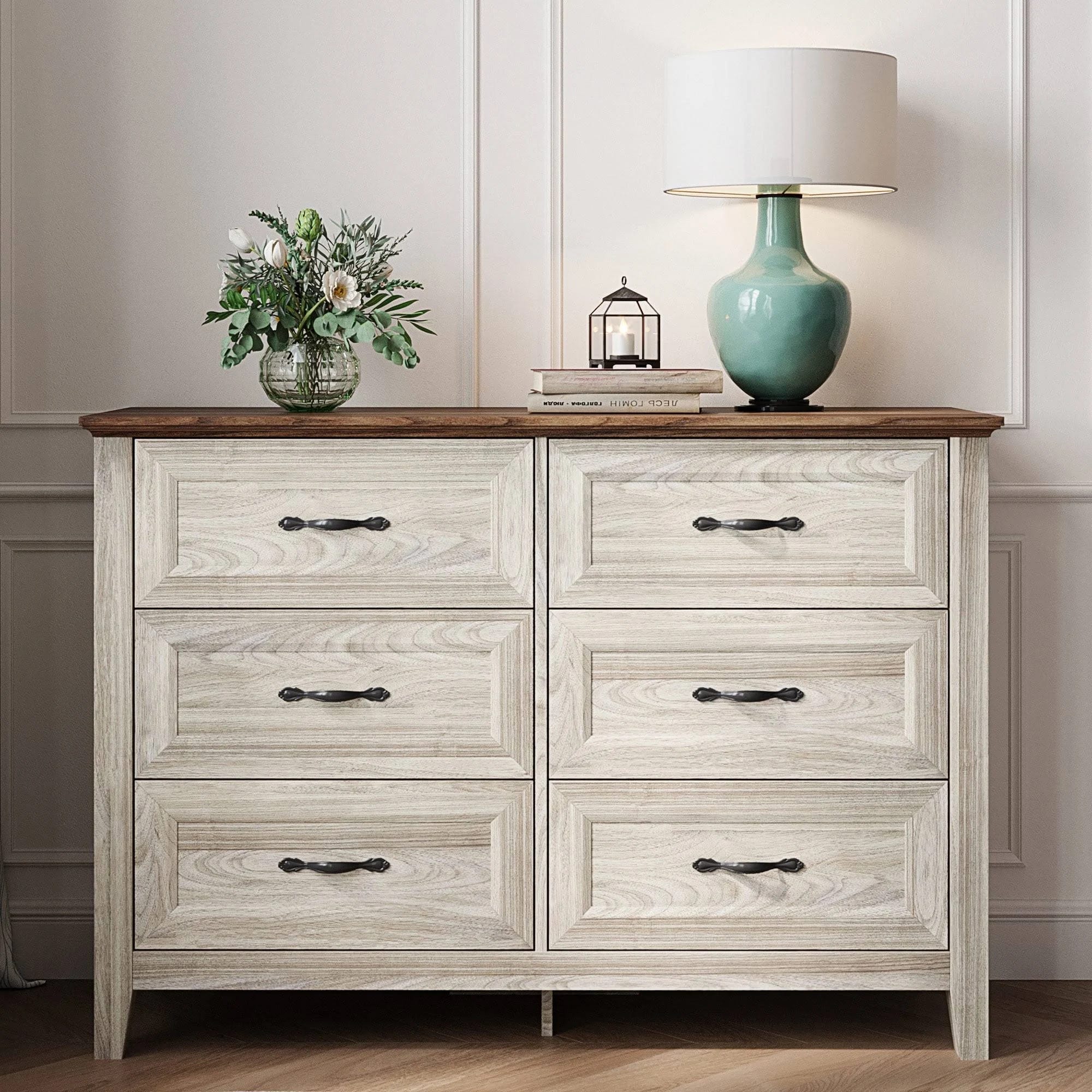 Elegant Long Dresser with 6 Drawers and Antique Handles | Image