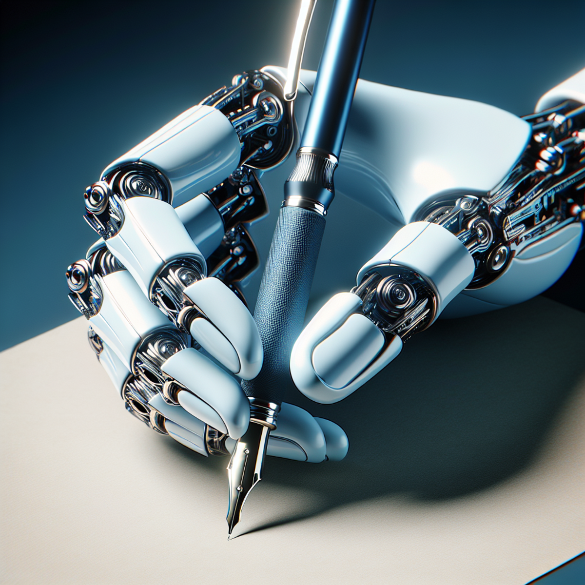 A futuristic robotic hand holding an elegant pen.