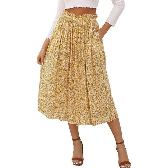 naggoo-womens-xl-yellow-flower-swing-midi-peasant-skirt-elastic-waist-pocket-1