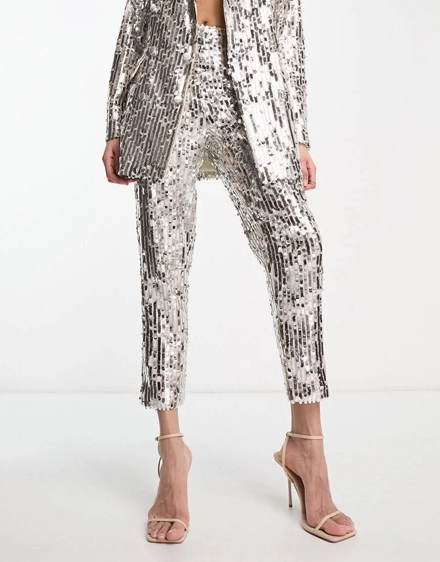 Shimmering Silver Sequin Pant Suit with 100% Polyester Lining | Image