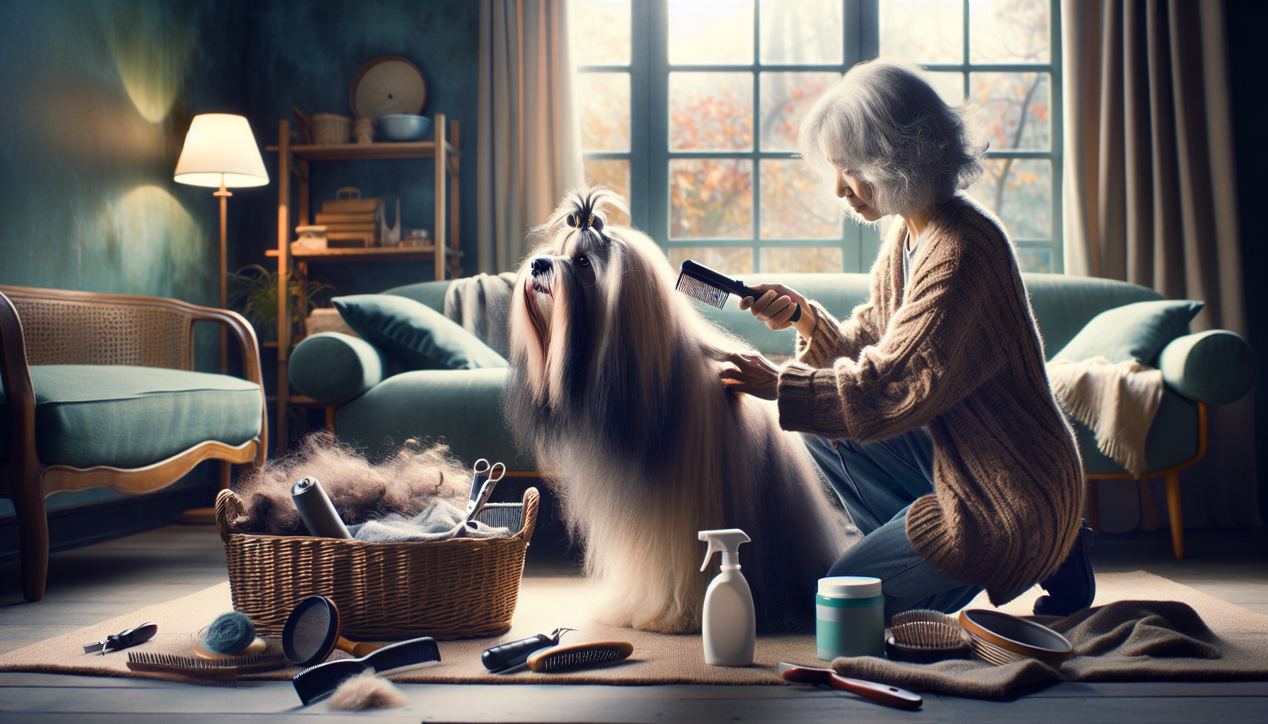 A cozy living room setting with a long-haired dog (such as a Shih Tzu or Afghan Hound) being gently brushed by its owner. Highlight visible mats and tangles being carefully removed from the dog