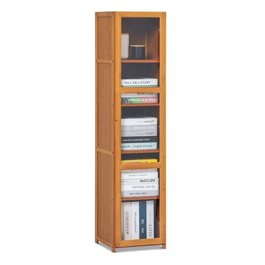 monibloom-narrow-bookcase-with-acrylic-doors-bamboo-5-tier-free-standing-slim-bookshelf-display-stor-1