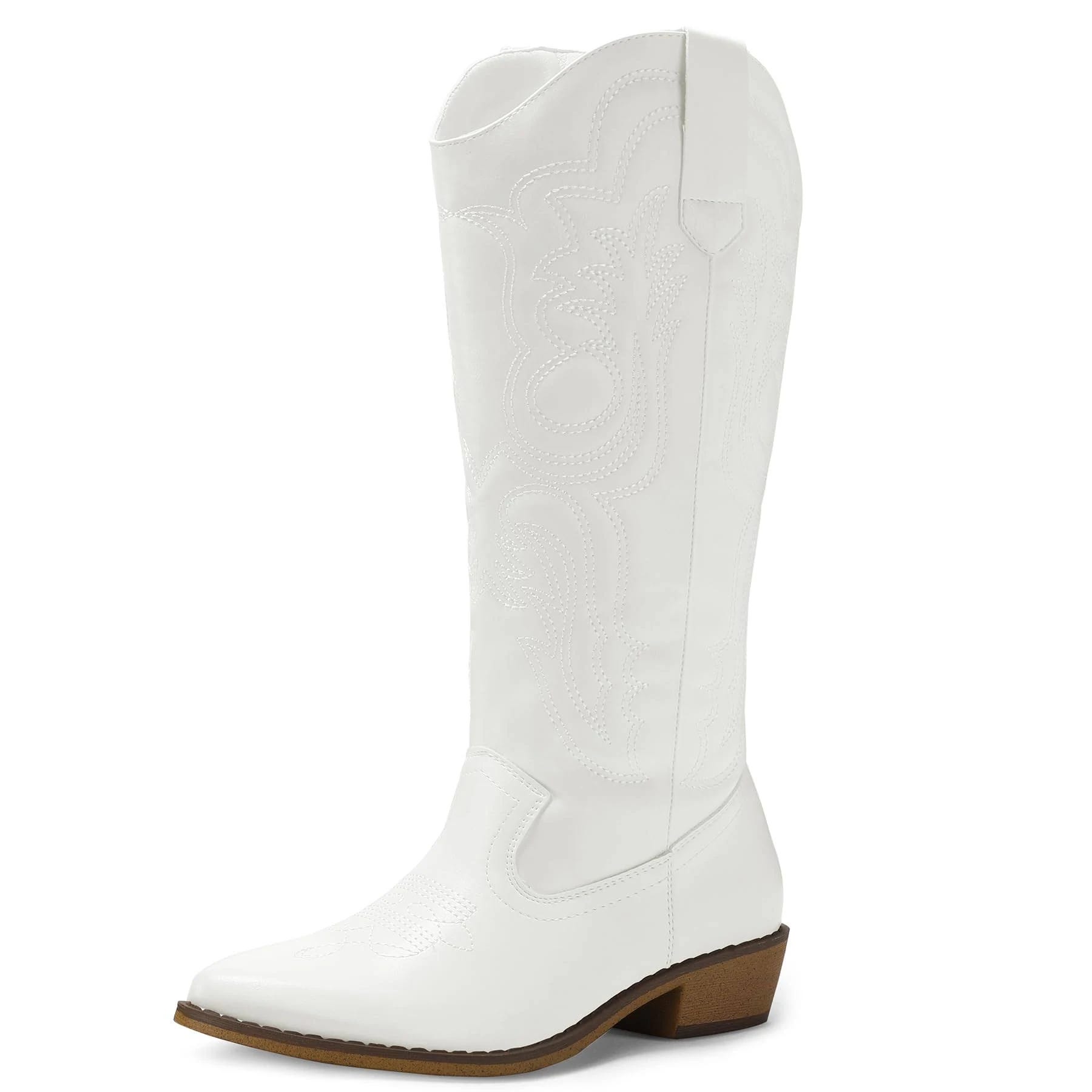 Embroidered Knee-High White Cowgirl Boots - Durable and Stylish Western Footwear | Image