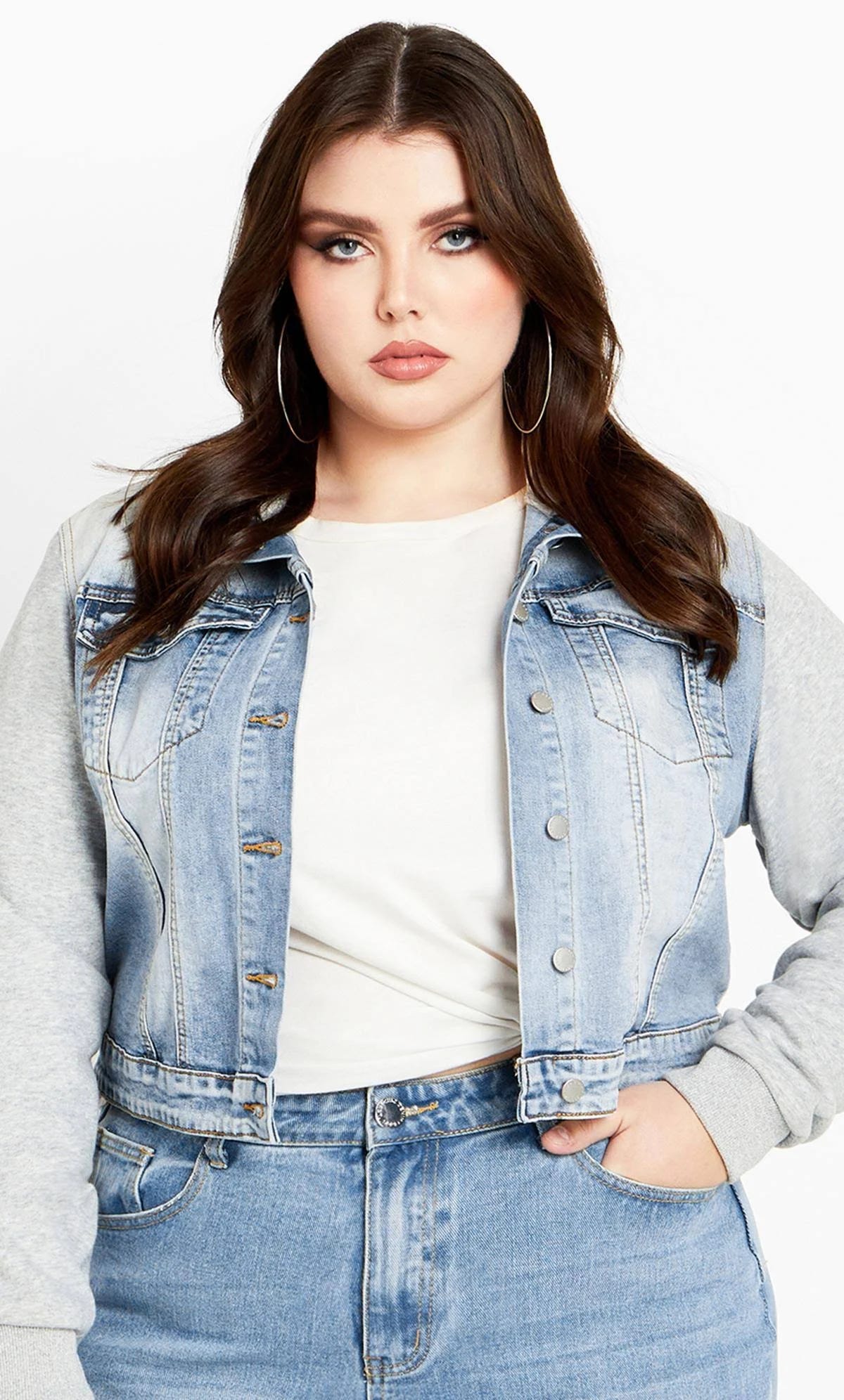 Stylish Light Wash Plus Size Denim Street Jacket | Image