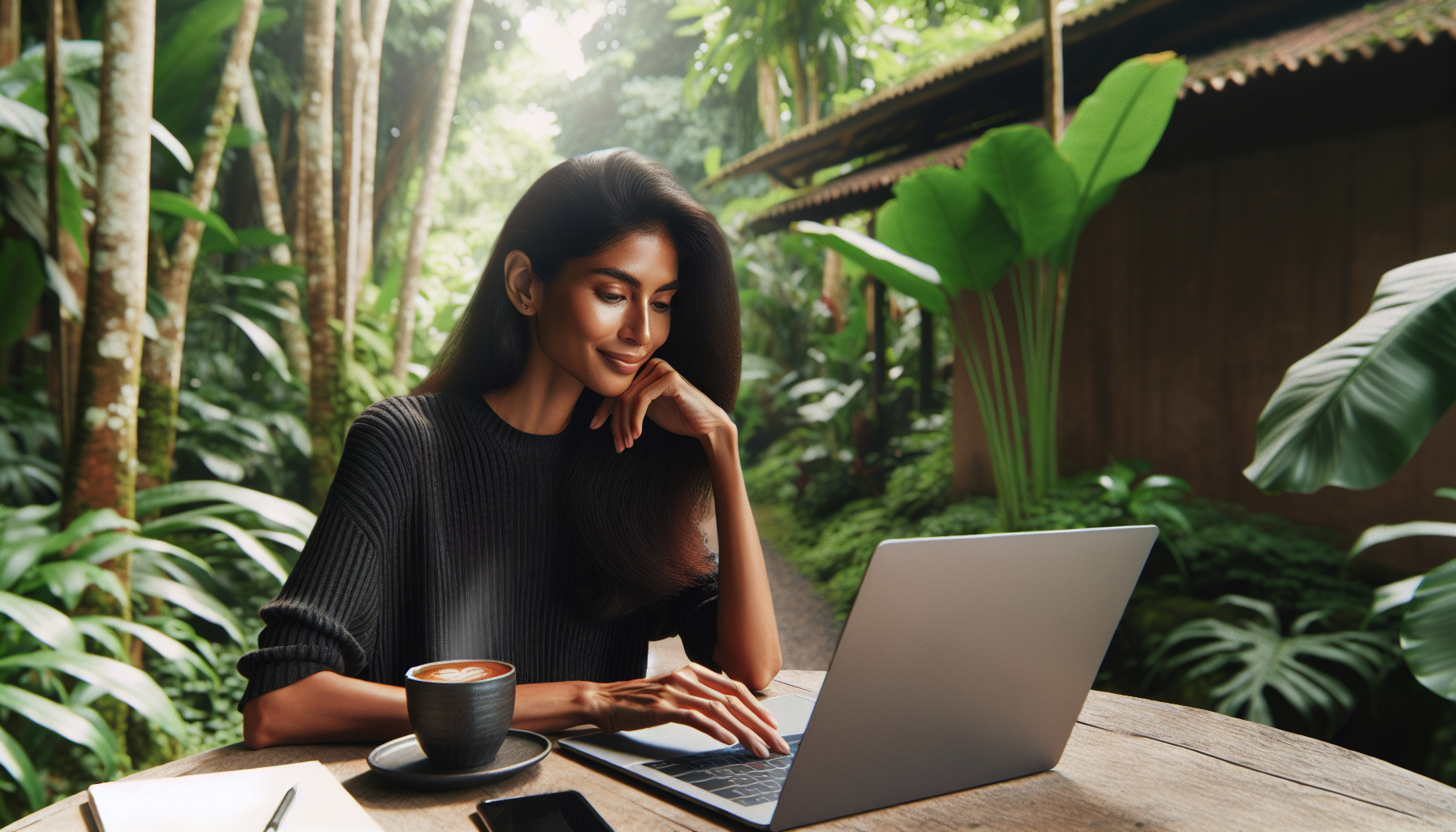 A person smiling and relaxed, taking a break from working on a laptop, with a lush green forest in the background and a cup of coffee steaming next to them.