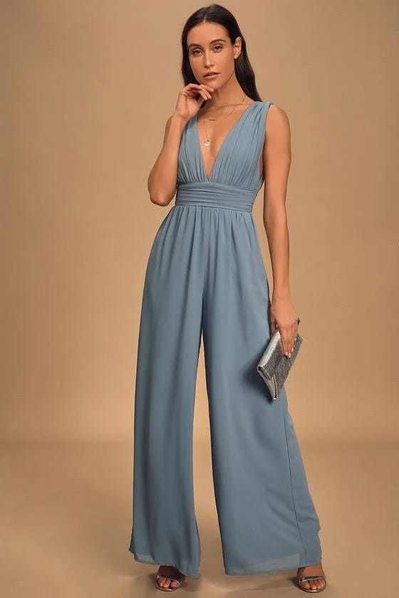 Captivating V-neck Wide-Leg Jumpsuit in Slate Blue | Image