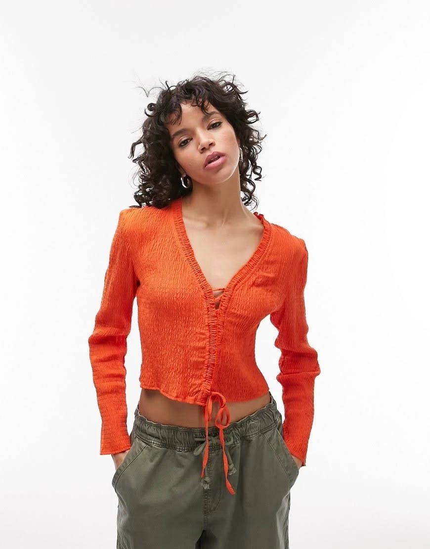 Orange Textured Lace-Up Long Sleeve Blouse | Image