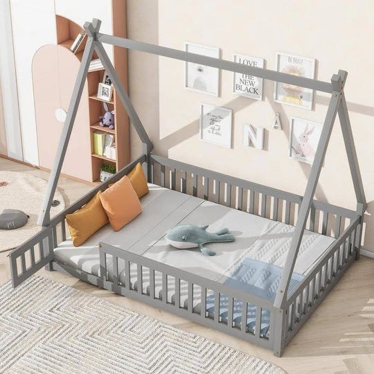 tent-style-gray-wood-frame-full-size-platform-bed-teepee-bed-with-fence-bedrails-doors-1