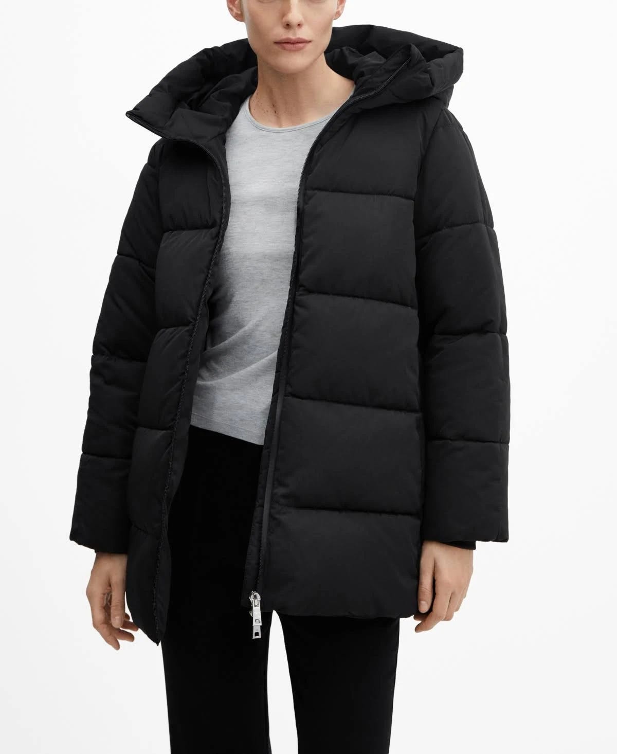 Mango Black Hooded Quilted Coat for Women | Image