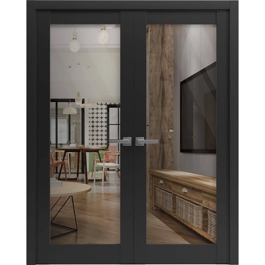 solid-french-double-doors-lucia-2166-matte-black-with-clear-glass-wood-solid-panel-frame-trims-close-1