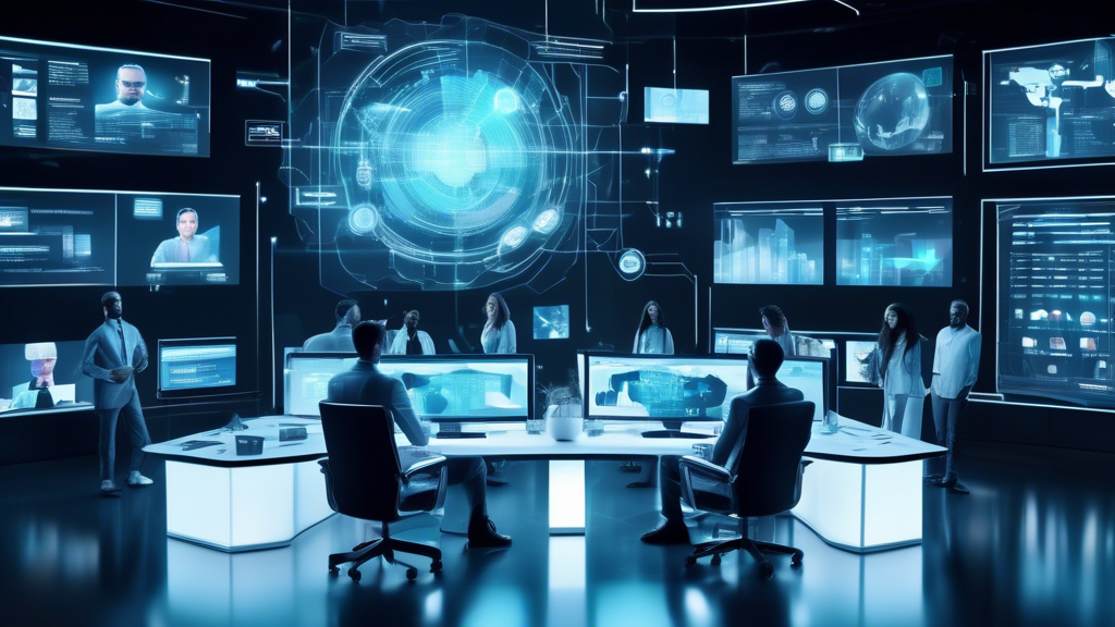 A futuristic command center with multiple screens displaying dynamic digital marketing analytics, diverse professionals discussing strategies, with holographic projections of social media stats and trends in a sleek, modern office.