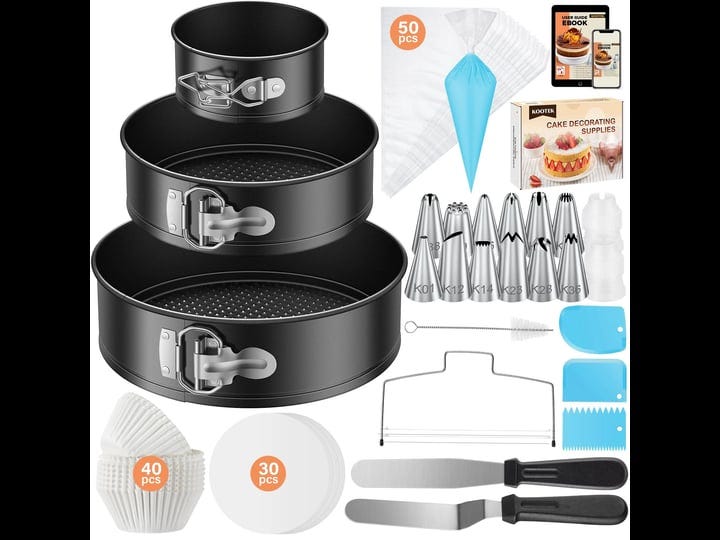 kootek-144pcs-cake-pan-set-with-ebook-cake-decorating-supplies-with-3-round-nonstick-removable-base--1