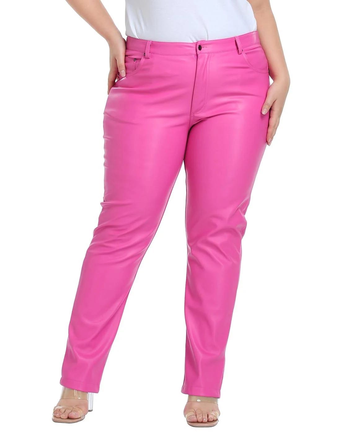 Cute Pink Plus Size Leather Pants for Fall | Image