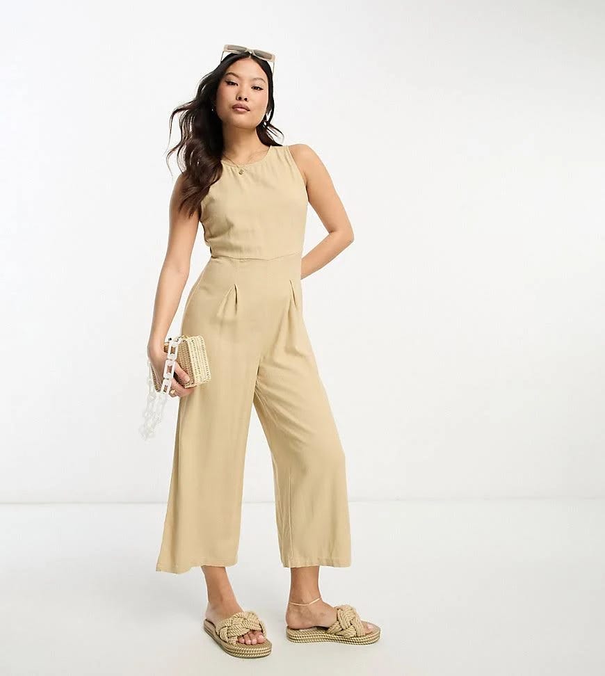 Petite Linen Touch Tie-Back Jumpsuit in Beige-White | Image