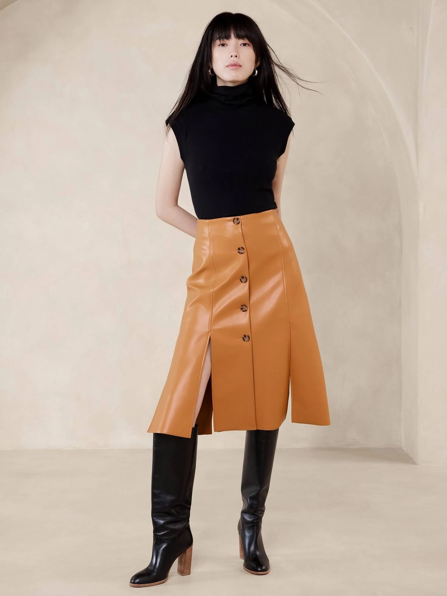 Tan Vegan Leather Midi Skirt for Women: Stylish and Comfortable | Image
