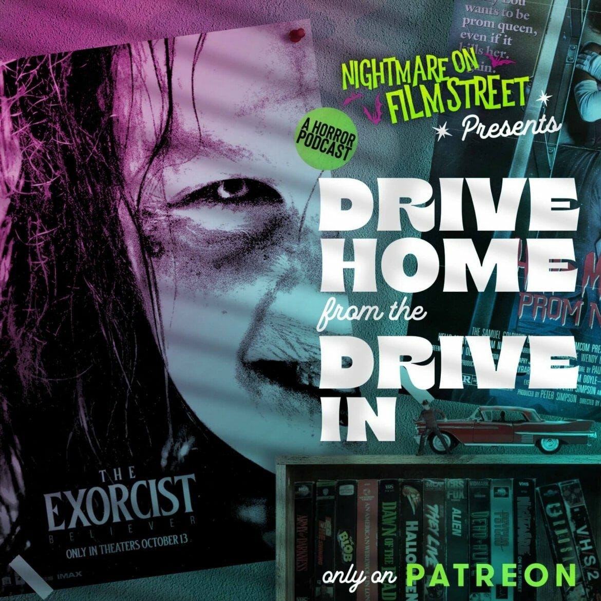 Poster of The Exorcist: Believer (2023) with a possessed girl grinning menacingly, pinned up in a neon-colored rec room with horror movie vhs tapes and other horror ephemera. 