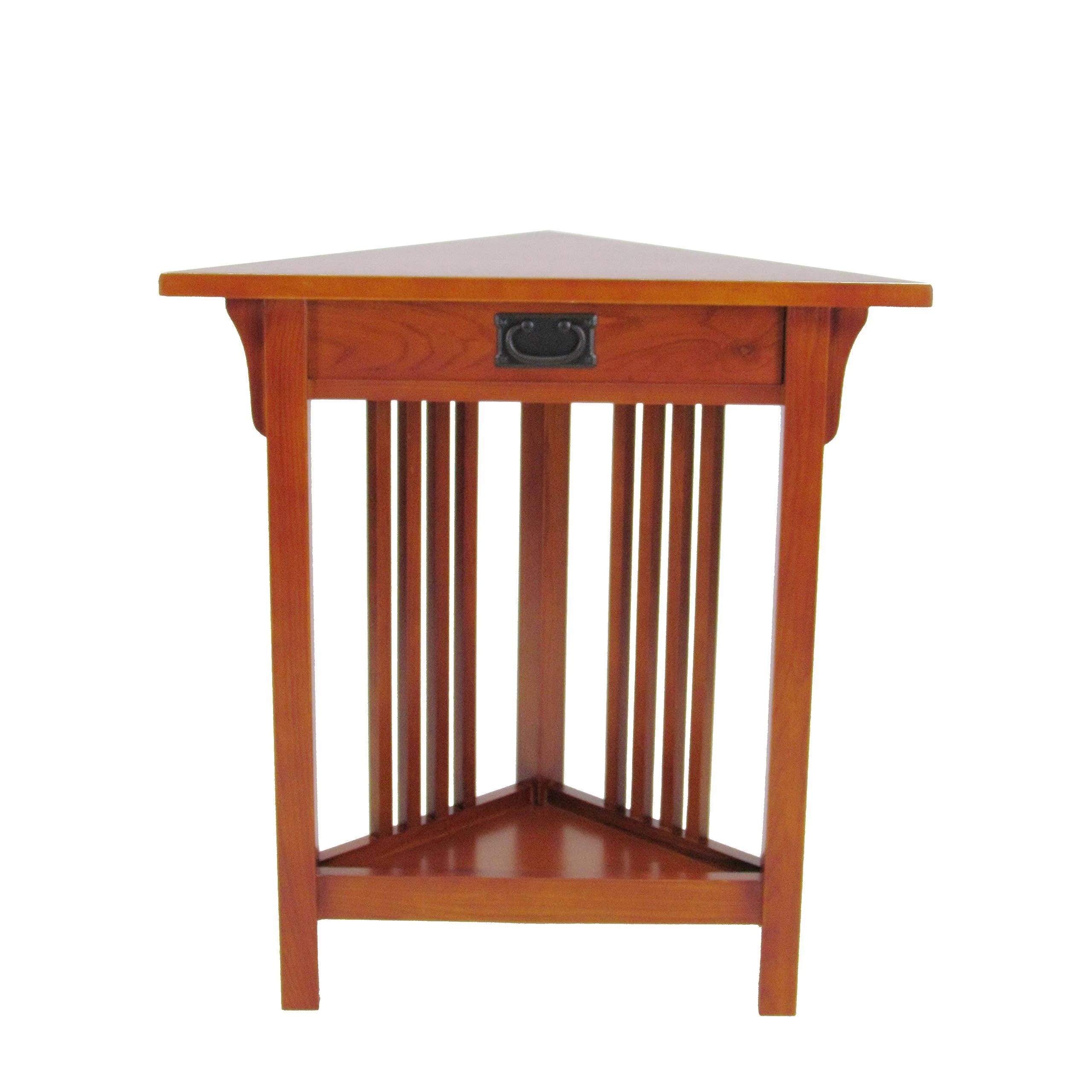 Mission Style Wooden Corner Table with Storage and Shelf | Image