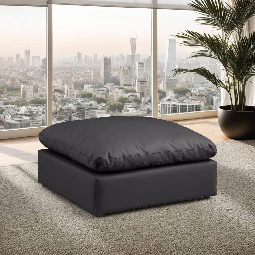Meridian Furniture Black Vegan Leather Comfy Ottoman | Image